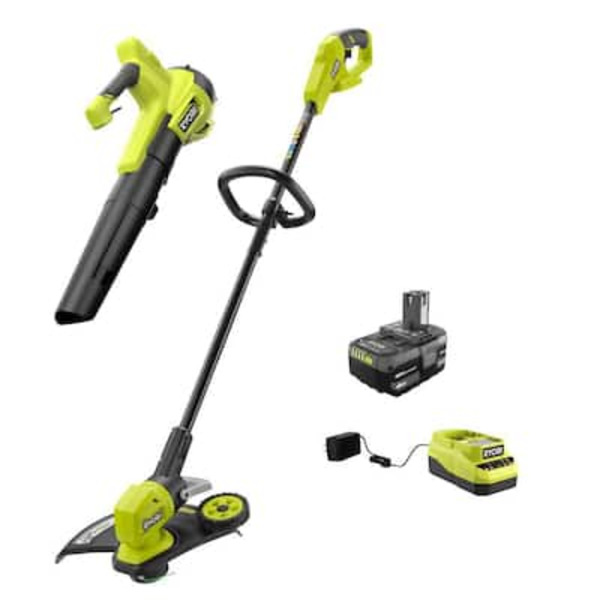 Ryobi One+ 18v Cordless Battery String Trimmer/edger And Jet Fan Blower Combo Kit (2-tools) With 4.0 Ah Battery And Charger