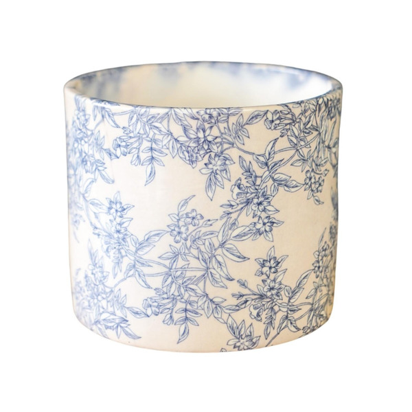 allen + roth 7.08-in W x 18-in L x 6.3-in H White and Blue Ceramic Round Indoor Planter