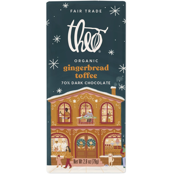 Theo Chocolate Dark Chocolate, Organic, 70%, Gingerbread Toffee