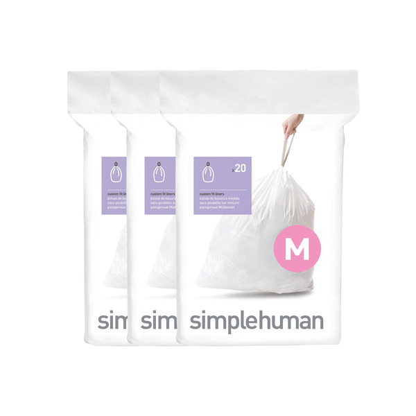 simplehuman Code M 60pk Genuine Custom Fit Liners, 12-Gallon Unscented White Indoor Plastic Kitchen Drawstring Trash Bag 60 -Count