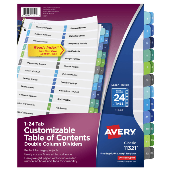 Avery Letter Size Multi-Color Title:1-24 Ready Index Two-Column Table of Contents Divider