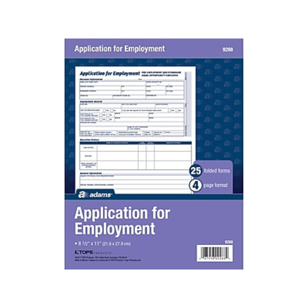 Adams ABF 9288ABF 4 Part Employment Applications Form