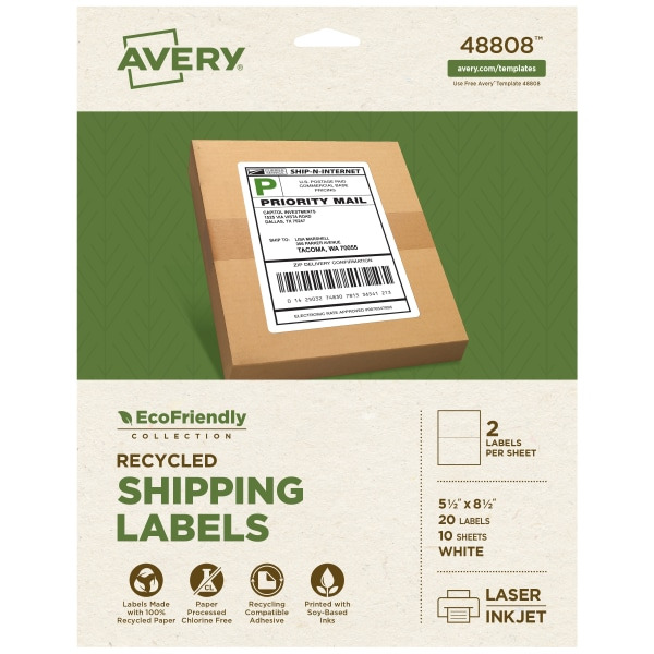Avery EcoFriendly Rectangular Recycled Labels, , 5-1/2 x 8-1/2 in - Matte White