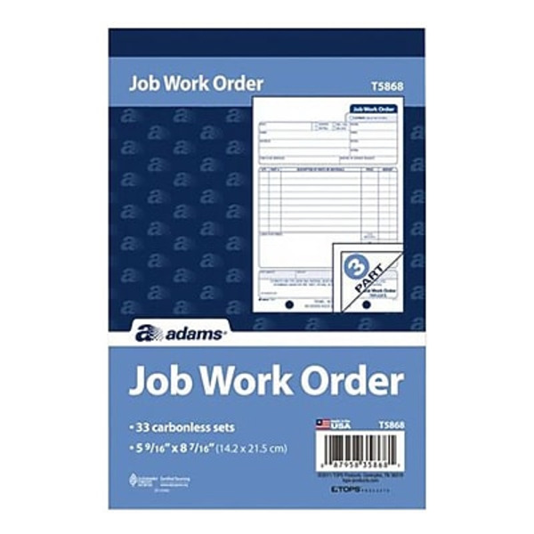 TOPS T5868 33 Sheets Per Book 3-Part Carbonless Job Work Order Book