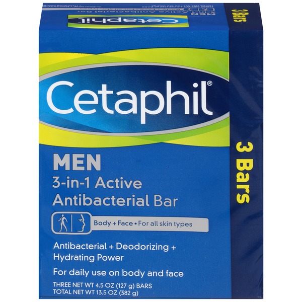 Cetaphil Men Body + Face 3in1 Active Antibacterial Bar Soap (4.5 oz