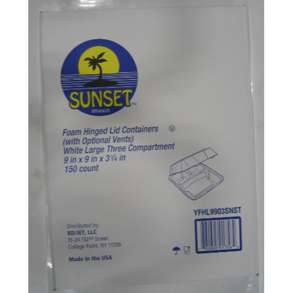 Sunset - YFHl -9903 - 9x9x3 Foam Hinged Container, 3-Compartment - 150 Ct