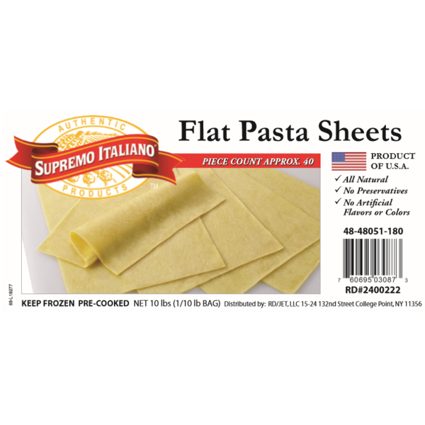 Frozen Supremo Italiano - Flat Pasta Sheets - 10 lbs