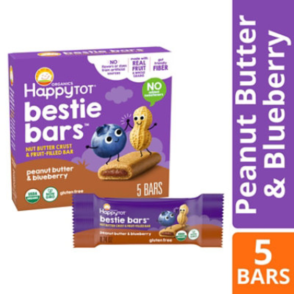 Happy Tot Organics Bestie Bars Nut Butter Crust & Fruit-Filled Snack Bars, Organic Toddler Snacks with Gut-Friendly Fiber, Peanut Butter & Blueberry, 5 Count