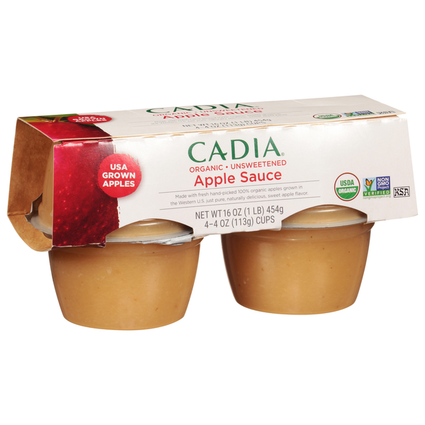 Four-pack of CADIA Organic Unsweetened Apple Sauce with a white label and red accents.