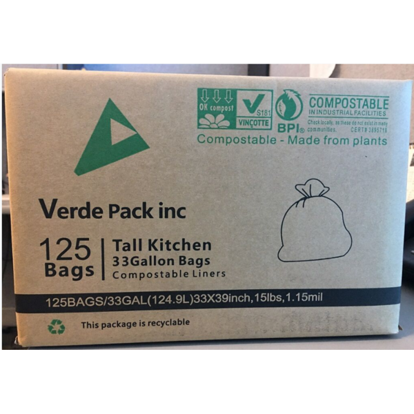 33"X39" Verde Pack Compostable Liners - 125/33 Gal
