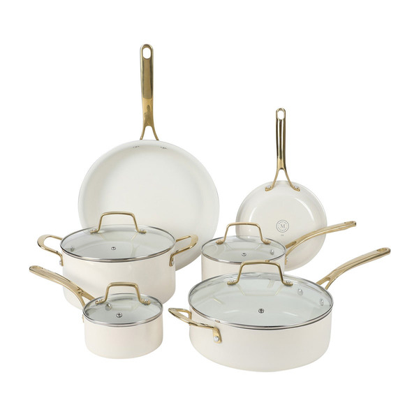 Martha Stewart Lockton Premium Nonstick Ceramic Enamel Aluminum Set - Linen White