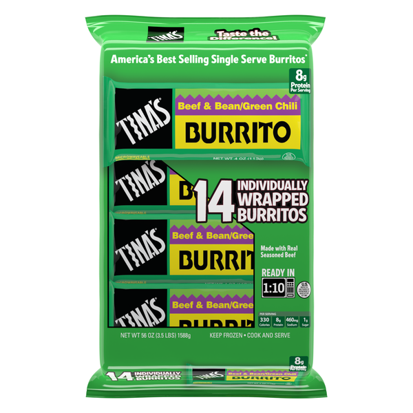 Tina's Burritos Beef & Bean Green Chili Burritos, Frozen