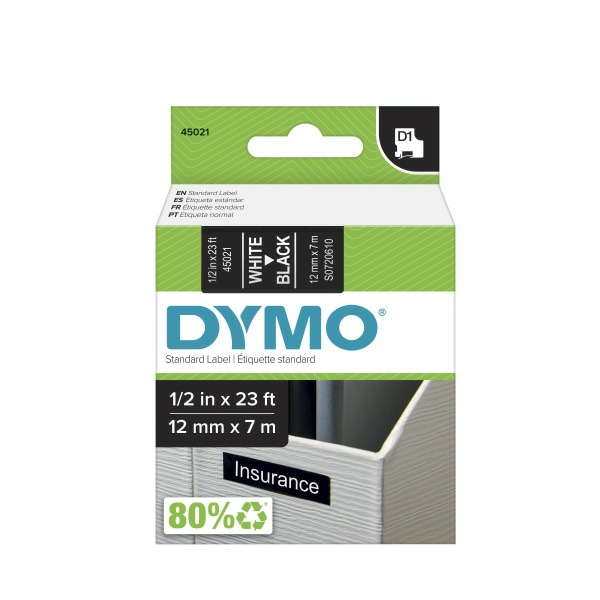 DYMO 1/2" x 23" D1 White On Black Label Tape