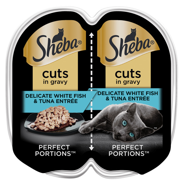 SHEBA PERFECT PORTIONS Cat Food Cuts in Gravy White Fish & Tuna, 2.6 oz. Twin-Pack Trays (24 Count)