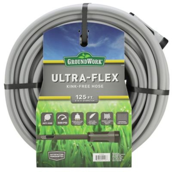 Ground Work 5/8 in. x 125 ft. Ultra-Flex Kink-Free Garden Hose, 500 PSI, Gray