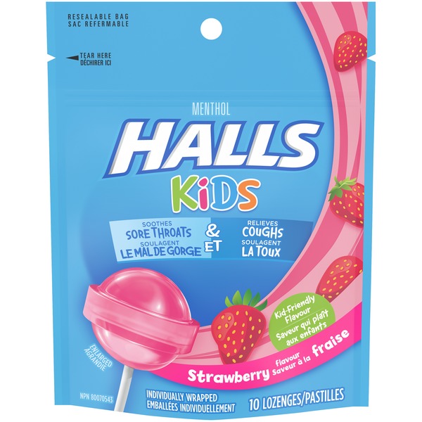 Halls Kids Strawberry Menthol Sore Throat & Cough Lozenges (10 ct