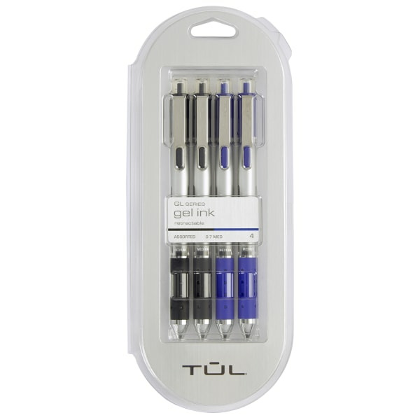 TUL Medium Point 0.7 mm Retractable Gel Pens - Silver Barrel Black & Blue Inks
