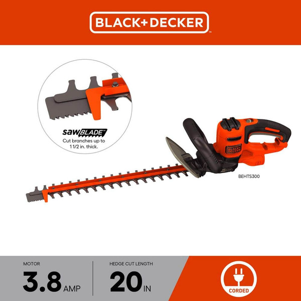 Black+decker 20 In. 3.8 Amp Corded Dual Action Electric Hedge Trimmer With Saw Blade Tip
