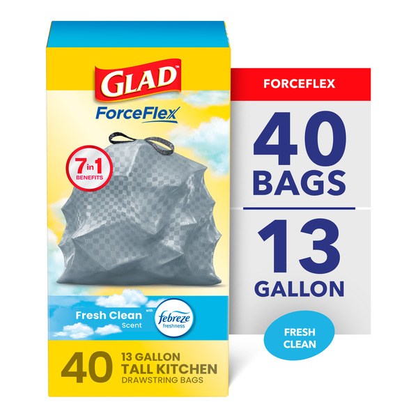 Glad ForceFlex Tall Kitchen Drawstring Trash Bags, 13 Gallon, Fresh Clean