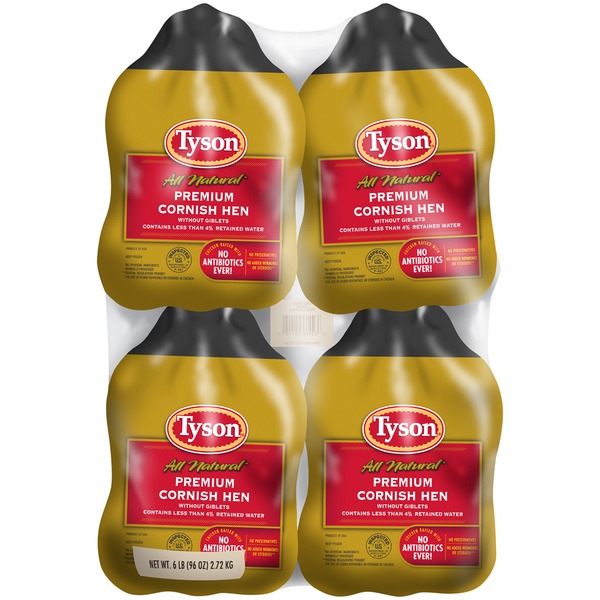 Tyson All Natural* Premium Cornish Hen Without Giblets, Four Pack, 6 lb