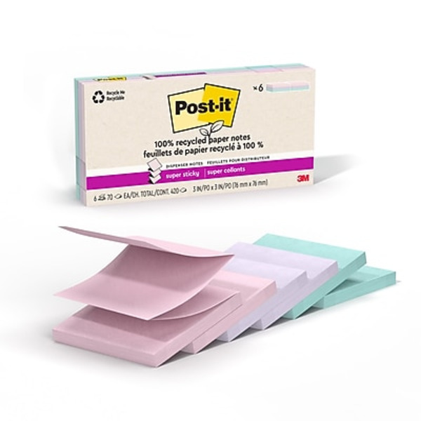 Post-it 100% Recycled Paper Super Sticky Dispenser Pop-Up Notes, Wanderlust Pastels Collection