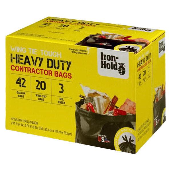 Iron-Hold Contractor Bags, Heavy Duty, Wing Tie Tough, 42 Gallon