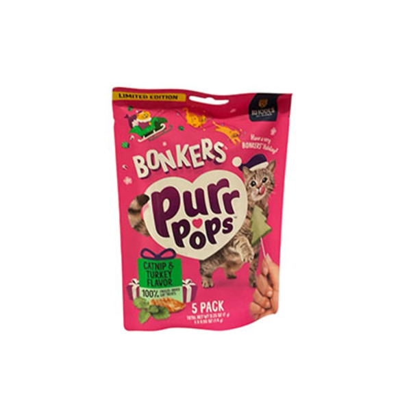 BONKERS Purrpops Xmas Edition Freeze-Dried Catnip & Turkey Flavored Lollipop Cat Treats, 5 Pieces