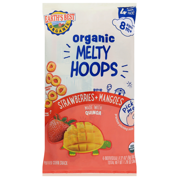 Earth's Best Organic Ages 8 m+ Melty Hoops Strawberries + Mangoes Puffed Corn Snack