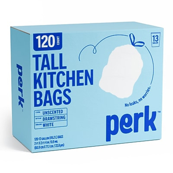 Perk PK56750 13-Gallon 0.9 Mil Low Density White Kitchen Trash Bags