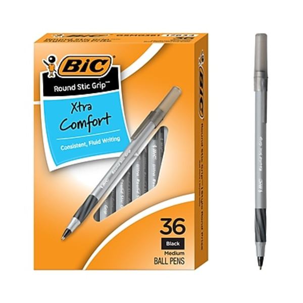 BIC Round Stic Grip Extra Comfort Ballpoint Pens - Black Ink - Medium Point