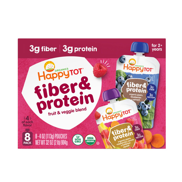 Happy Tot Organics Fiber & Protein Stage 4, 2-Flavor Variety Pack Organic Tot Food, 4 oz (8 Pouches)