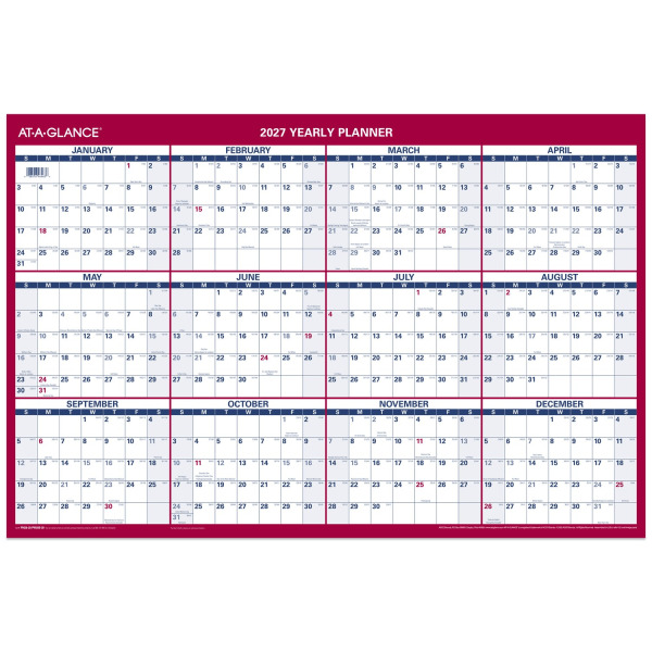 AT-A-GLANCE 2027 Vertical & Horizontal Reversible Erasable Yearly Wall Calendar, 24 x 36 in