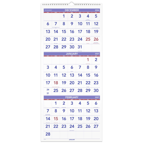 AT-A-GLANCE 2027 Three-Month Reference Vertical Wall Calendar, Large, 12 x 27 in