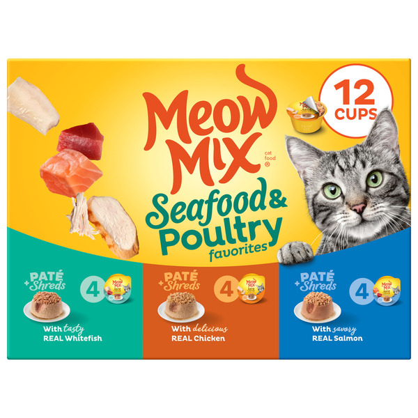 Meow Mix Adult Seafood and Poultry Favorites Pate and Shreds Wet Cat Food Variety Pack, 2.75 oz., Pack of 12 Cups