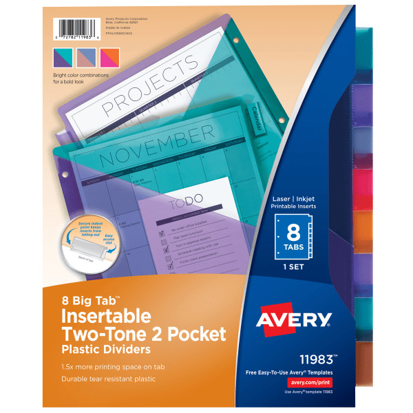 Avery 11983 8-Tab Multicolor Big Tab Insertable Plastic Dividers Set