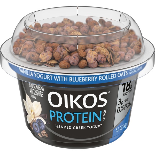 Oikos Protein Crunch Vanilla with Blueberry Rolled Oats Blended Greek