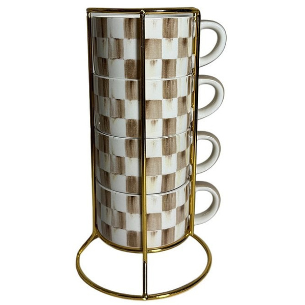 Mac Kenzie-Childs Check Stoneware Cappuccino Stackable Cup Tower