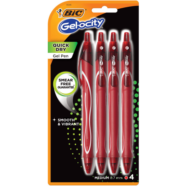 BIC Medium Point Gelocity Quick-Dry Retractable Gel Pens With Red Ink - 0.7 mm