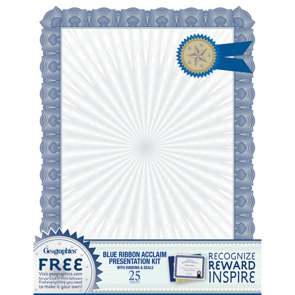GE ographics Ribbon Acclaim Certificates - Blue - 8-1/2" x 11"