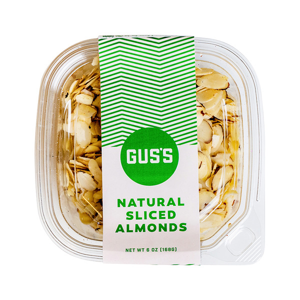 A clear plastic container with a green and white label showing 'GUS'S Natural Sliced Almonds'.