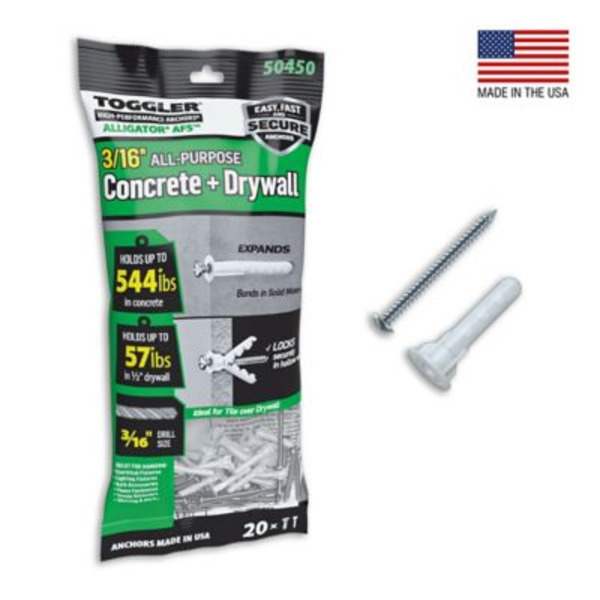 TOGGLER Alligator Concrete & Drywall Anchors, 3/16 in., 20 ct.