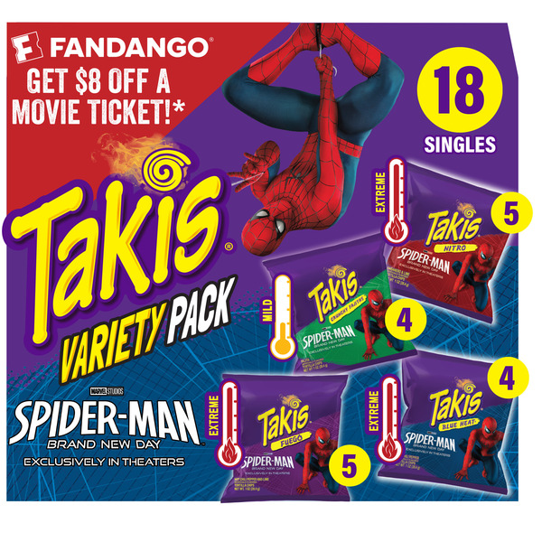 Takis 18 pc / 1 oz Variety Pack, Assorted Flavored Mixed Rolled Tortilla Chips – (5) Fuego 1 oz, (5) Blue Heat 1 oz, (4) Nitro 1 oz, (4) Crunchy Fajitas 1 oz