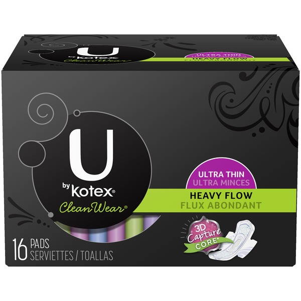 U by Kotex Clean Wear Heavy Flow Ultra Thin with Wings Pads (16 ct