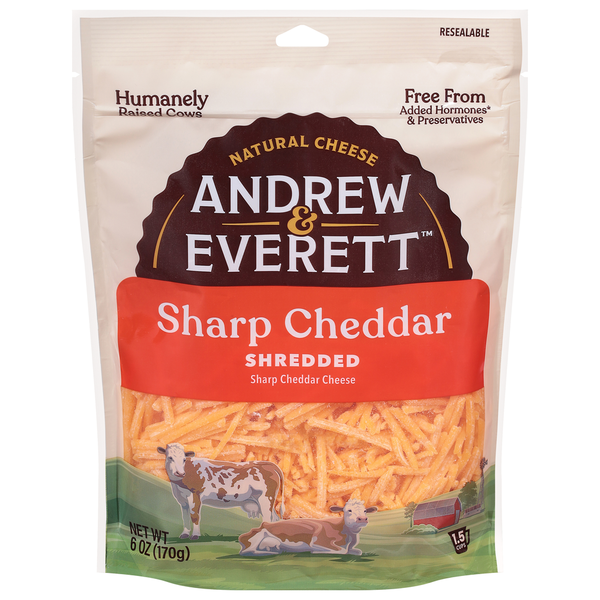 Andrew & Everett Cheese, Sharp Cheddar, Shredded