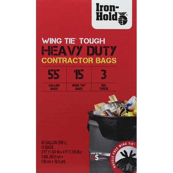 Iron Hold Contractor Bags, Heavy Duty, Wing Tie Tough, 55 Gallon (15