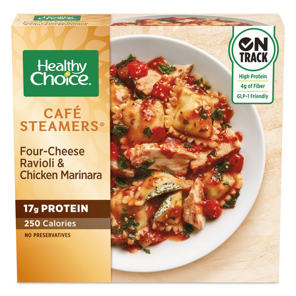 Healthy Choice Cafe Steamers Four-Cheese Ravioli & Chicken Marinara, Frozen Meal