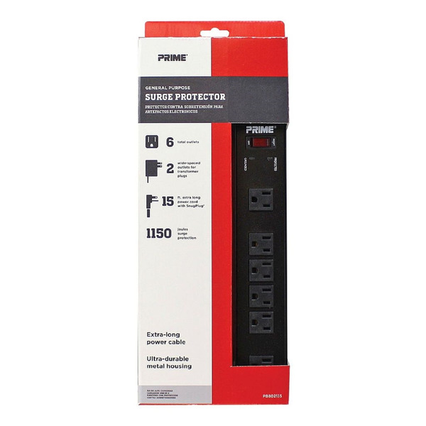 Prime Wire & Cable 15' Black 1150 Joule 6' Outlet Metal Surge Protector