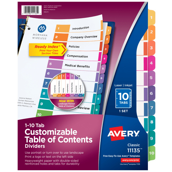 Avery Ready Index Reference Dividers, Table of Contents, 10 Tabs