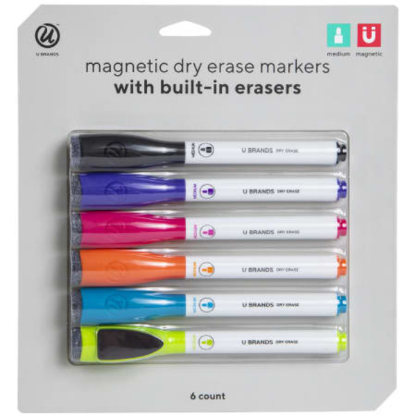 U Brands 6 Pack Magnetic Dry Erase Markers With Built-in Erasers