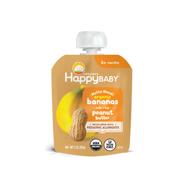 Happy Baby Organics Organics Nutty Blends Stage 2, Bananas & Peanut Butter, Allergen Introduction in Baby Appropriate Texture, for 6+ Months, 3 oz.